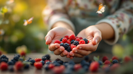 A person holding a handful of vibrant berries in their hands, with a butterfly fluttering nearby. The berries are a mix of red, blue, and black, and the person is wearing a floral shirt. The backgroun