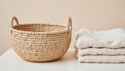 Obraz premium Cozy Natural Basket with Soft Towels Resting on a Neutral Background in Minimalist Setting