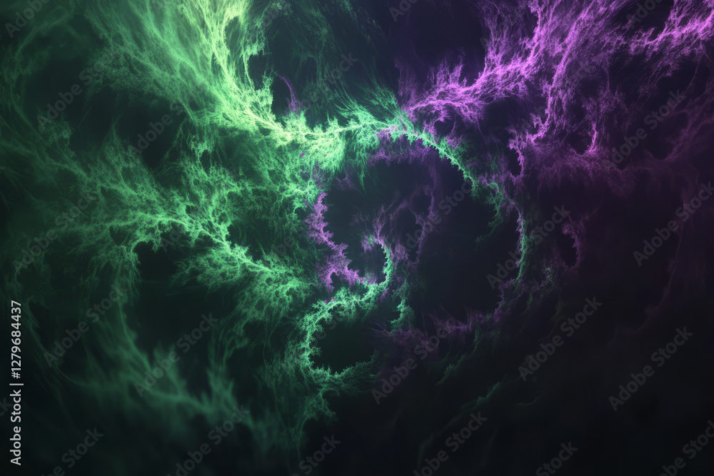 Poster a mesmerizing fractal pattern resembling endless spirals, glowing in neon green and purple, creating