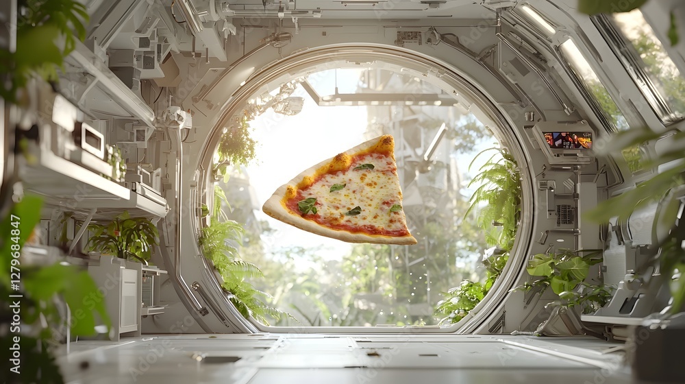 Poster image of a levitating pizza slice suspended in zero gravity inside a futuristic spaceship cabin or m