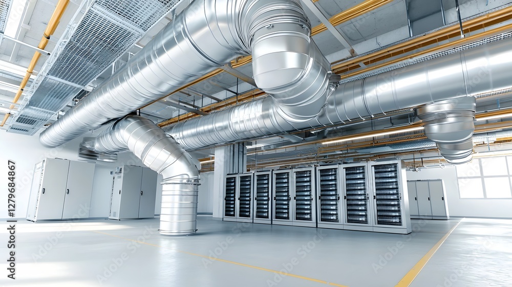 Poster intricate network of pipes ducts and cooling equipment for an advanced air conditioning system in a 