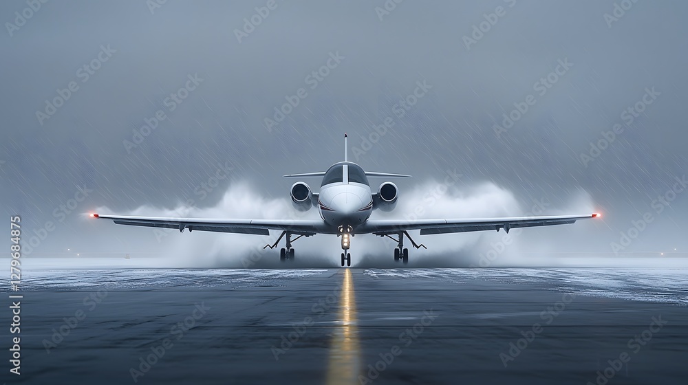 Poster jet aircraft battling strong winds during dramatic stormy takeoff in rendering the plane s nose is s
