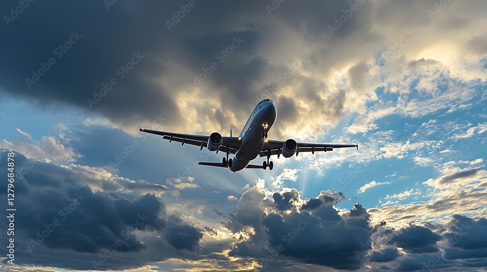 Poster Jetliner ascending through a sky filled with powerful storm clouds sunbeams dramatically breaking through the gaps creating a striking atmospheric contrast and sense of motion