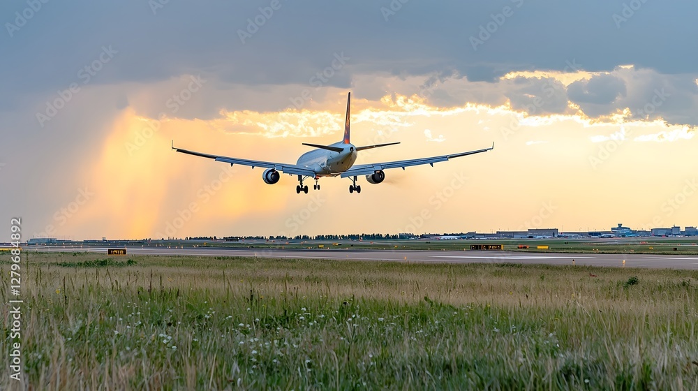 Aufkleber Jetliner descending and landing on the runway during a dramatic sunset with dark thunderclouds in the sky and a rain curtain visible in the distance creating a vibrant and energetic atmosphere