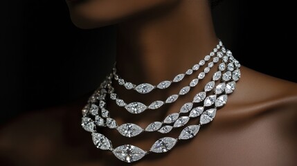 Elegant layered diamond necklaces draped around a models neck, softly illuminated to enhance their sparkle
