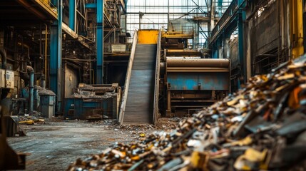 Abandoned factory interior, metal recycling, conveyor belt