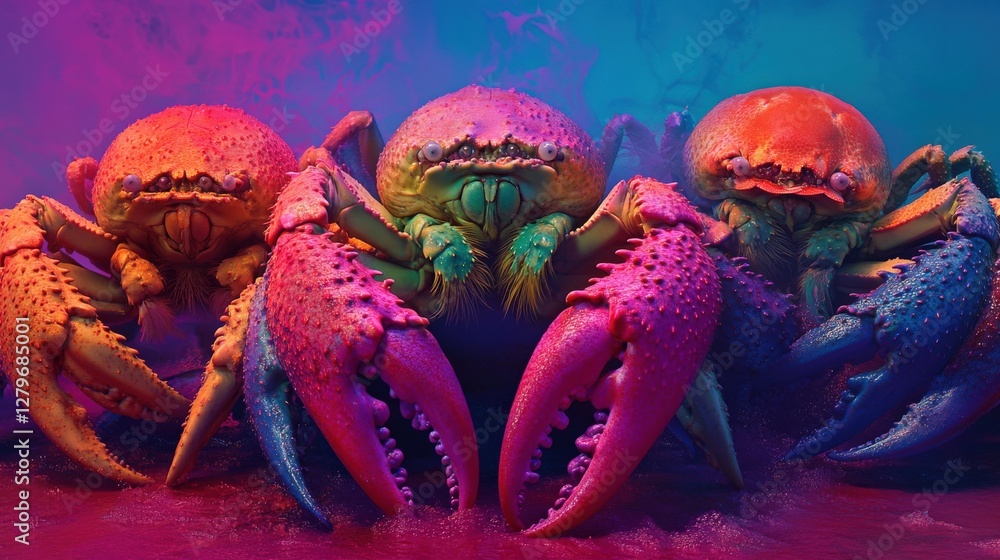 Poster vibrant crabs with colorful shells display unique features in a surreal underwater setting