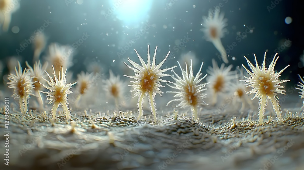 Poster mesmerizing extreme close up of glistening and shimmering cannabis trichomes captured under a micros
