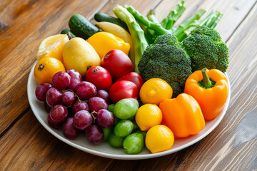A beautifully arranged plate of colorful fresh fruits and vegetables, emphasizing a balanced and nutritious diet.