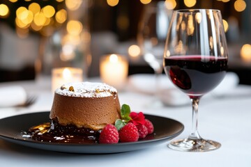 A sumptuous chocolate souffle dessert embellished with fresh raspberries and delicate flower petals, paired with a glass of red wine for a sumptuous dining experience.