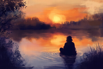 A gentle digital painting of a person sitting by a riverbank, gazing at the sunset, with soft ripples in the water symbolizing the healing journey after a loss.