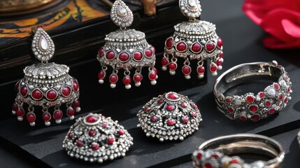 Exquisite antique silver jhumka earrings and detailed statement rings artistically positioned on a black paper setting