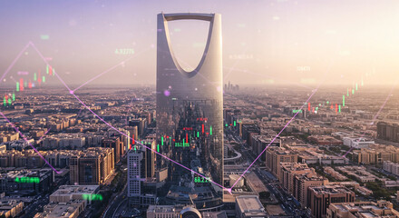 Kingdom Tower Overlooking Riyadh City with Financial Trading Data Overlay, Saudi Arabia.