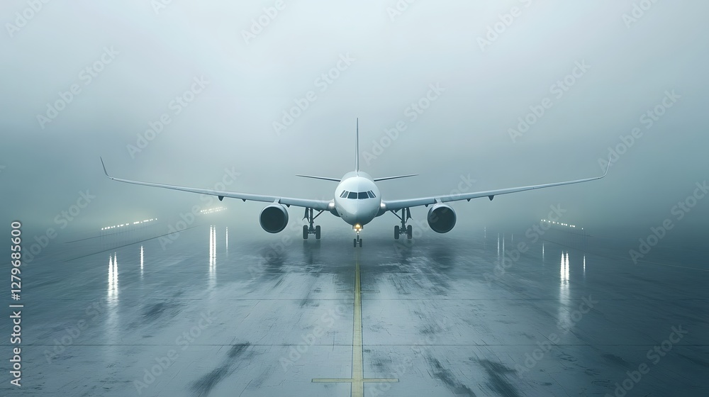 Aufkleber Passenger Jet Emerging from Thick Foggy Mist During Runway Landing Runway Lights Barely Visible Through the Dense Atmospheric Conditions Moody and Eerie Rendering