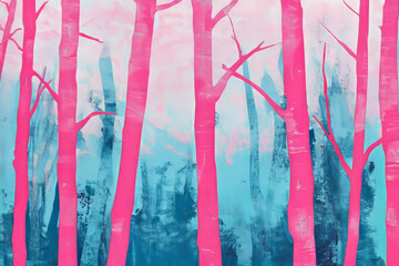 A surreal risograph forest scene, where bright pink trees stand against a cyan sky, with grainy details and soft color overlaps.