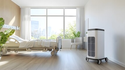 photo of a modern medical grade air purification unit installed in a hospital room  The air purifier is designed to provide clean