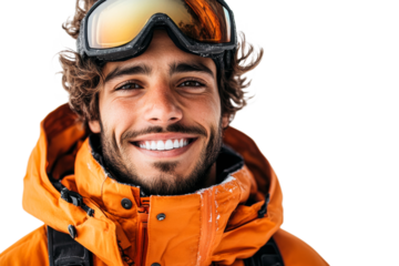 Smiling skier poses in bright winter gear