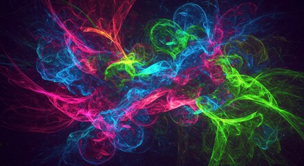 Obraz premium Cosmic Canvas: Abstract swirling lines of vibrant neon hues dance against a dark backdrop, a captivating display of energy and movement reminiscent of nebulae or ethereal forces.