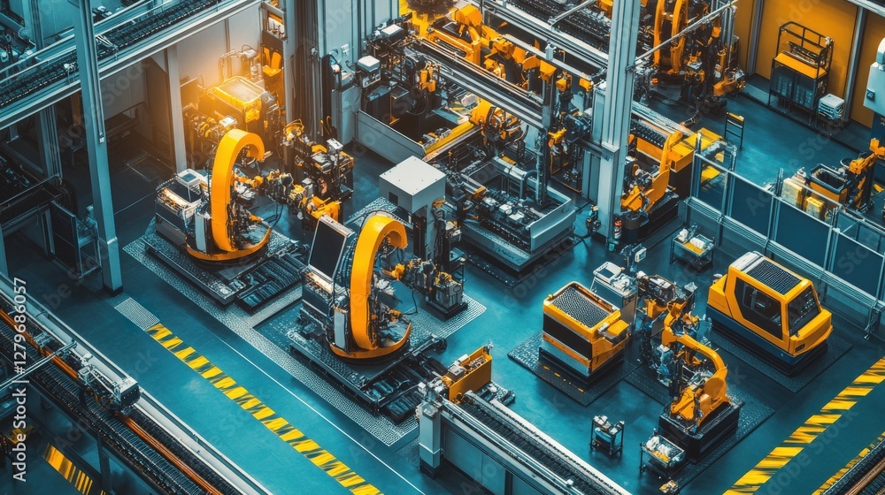 Poster high-angle view of a modern, automated factory floor with numerous robotic arms and machinery. the s