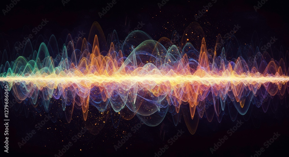 Poster illuminating sound waves: abstract, vibrant digital art showcases the energy and complexity of sound