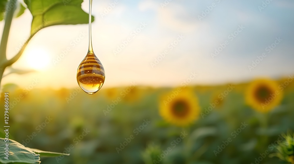 Poster photograph showcasing a drop of honey reflecting the beauty of a sunflower field in a conceptual mac