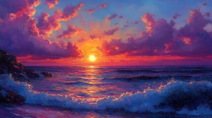 Vibrant Sunset Beach Scene with Stunning Sky and Tropical Views Photo