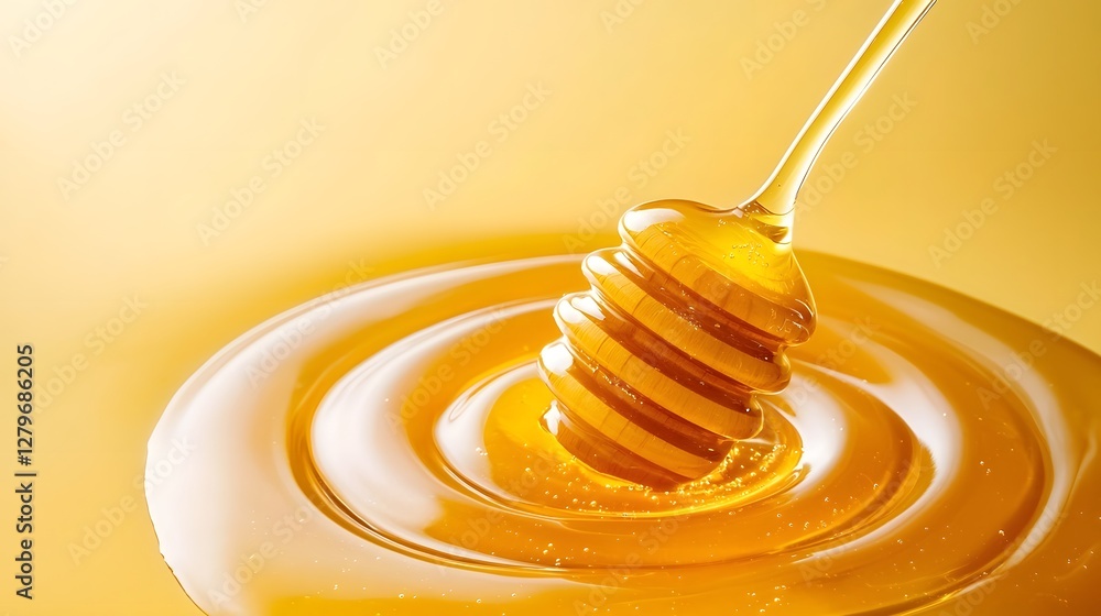 Poster photograph showcasing an elegant swirl of honey forming a beautiful intricate pattern in an composit