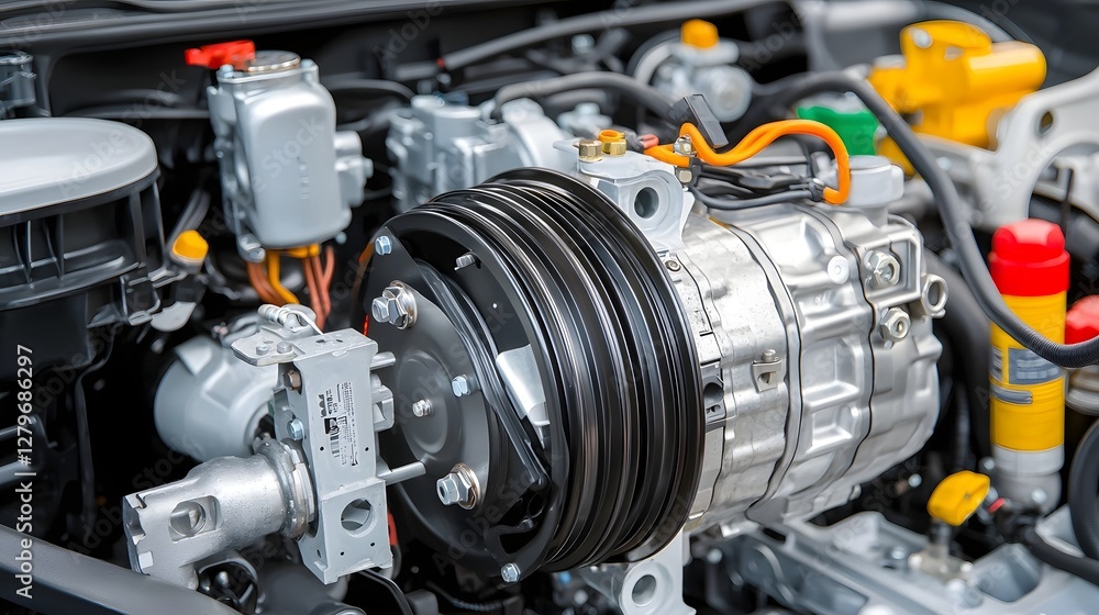 Poster photograph showing the air conditioning compressor and cooling system components inside the engine b