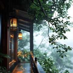 Fototapeta premium Serene rainy landscape tranquil cabin in nature photo lush green environment close-up view relaxation concept for mindfulness