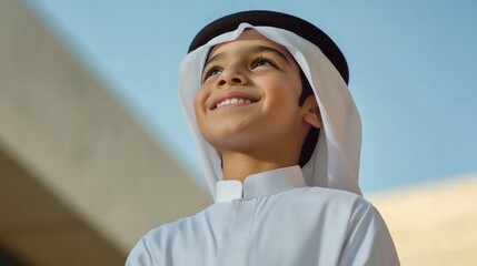 Eyes on the future: A smiling Saudi boy in a white thobe gazing at the sky with inspiration.