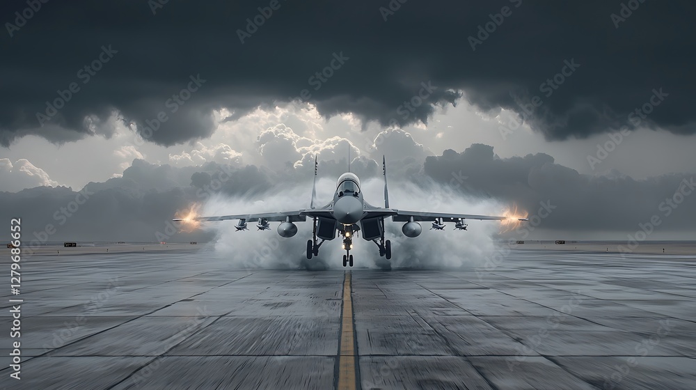 Poster powerful military jet aircraft surging through dramatic storm clouds and strong winds during a high 