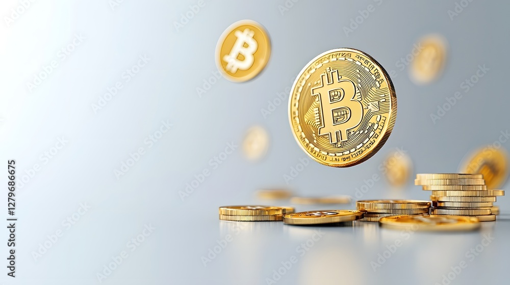 Poster rendering of a golden bitcoin coin spinning in mid air with a reflective surface indicating a growin