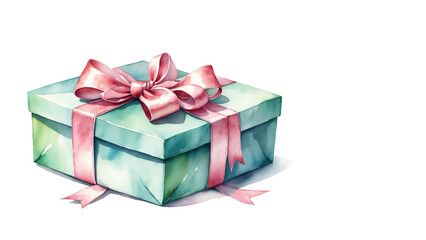 Obraz premium Watercolor painting of a pastel-colored gift box with a satin bow, soft shadows, delicate and festive, isolated on white, copy space