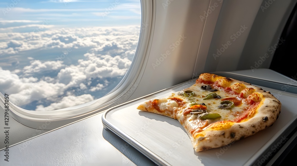 Aufkleber Slice of fresh hot pizza placed on an airplane tray table with a stunning view of clouds and sky through the aircraft window during an in flight journey