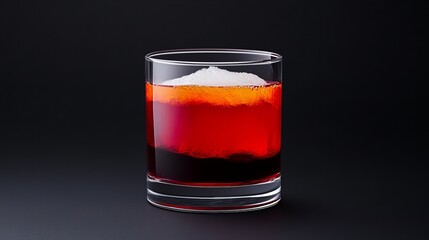 Close-up of a vibrant red cocktail with a layer of white foam in a rocks glass against a dark background.