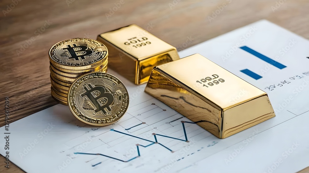 Aufkleber stacked gold bars and bitcoin cryptocurrency coins with an upward trending chart or graph in the bac
