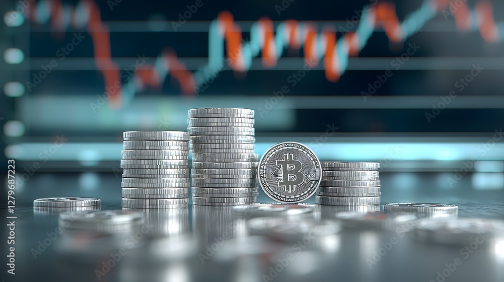 Poster stacks of bitcoin cryptocurrency tokens displayed against the backdrop of a rising market chart symb