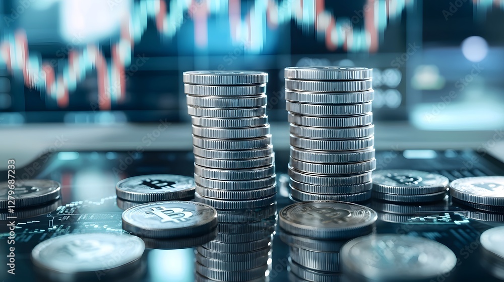 Poster Stacks of Bitcoin Tokens Juxtaposed Against a Background of a Rising Market Chart Symbolizing the of Cryptocurrency and Traditional Financial Systems in the Digital Age of Investing
