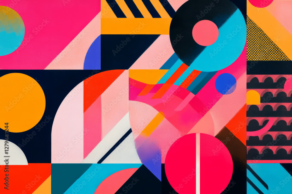Poster a series of overlapping geometric shapes, each filled with bold patterns and gradient colors, creati