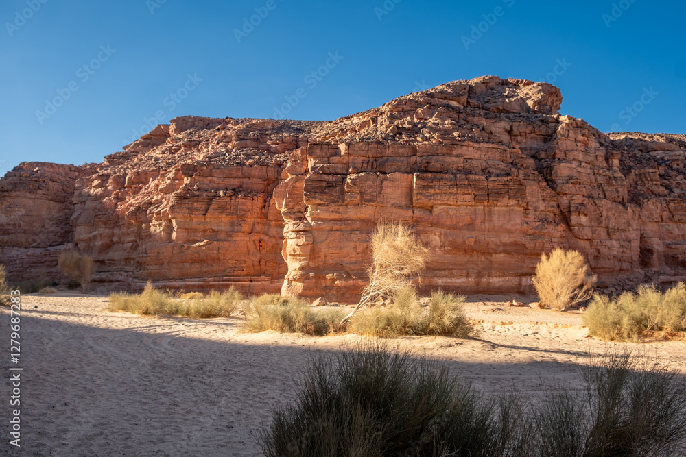 Aufkleber expansive view of sinai desert showcasing barren cliffs and sparse vegetation under a clear blue sky