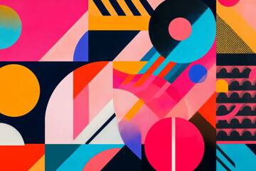 A series of overlapping geometric shapes, each filled with bold patterns and gradient colors, creating a vibrant and dynamic composition.