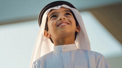 Dreaming big: Young Saudi boy in traditional attire looking up with hope and wonder