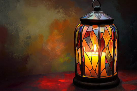 A warm and inviting digital painting of a glowing candle inside a stained glass lantern, casting beautiful reflections and a peaceful ambiance.