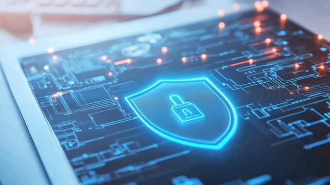 Cybersecurity event digital lock and shield technology modern office graphic design digital environment close-up view data protection concept