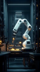 Fototapeta premium Hi-tech robot factory powered by renewables, revolutionizing clean energy. Realistic lighting evokes a sustainable future. Ideal for articles, clean tech, energy innovation, and green industry ads.
