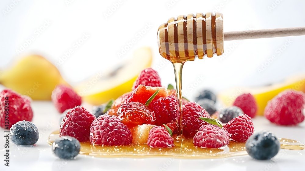 Poster vibrant and appetizing fruit salad with fresh raspberries blueberries and lemon slices drizzled with