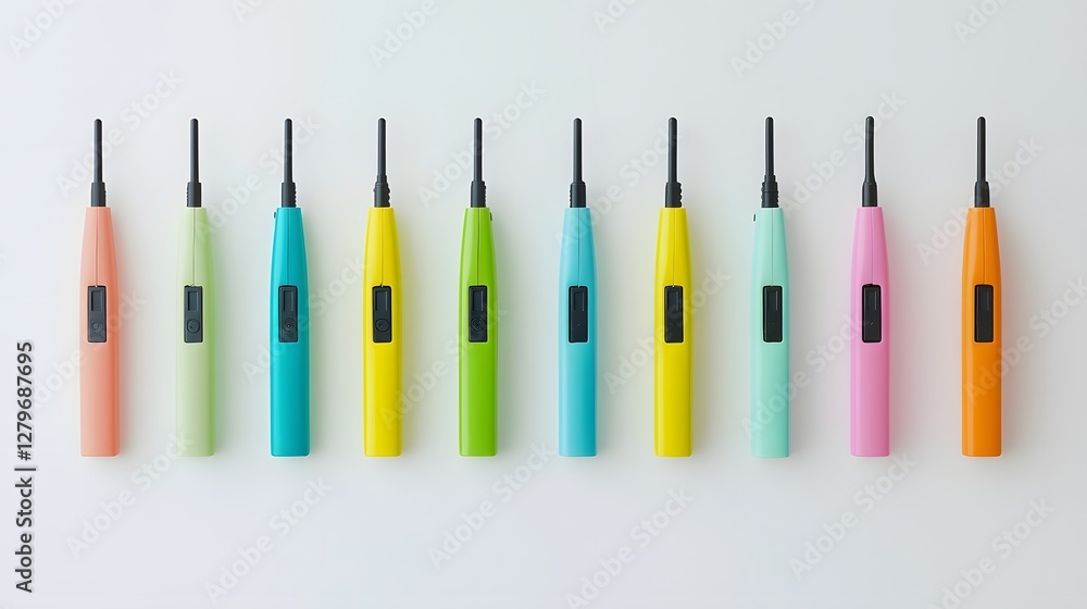 Poster Vibrant array of colorful walkie talkies arranged in a row on a clean white background showcasing the playful and modern design of these communication devices