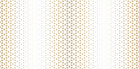 Golden vector halftone texture with floral silhouettes, leaves, petals, diamonds. Gold and white seamless pattern with gradient transition effect. Modern abstract half-tone background. Repeated design