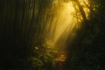 Naklejka premium A mystical bamboo forest, where golden sunlight filters through dense green stalks, and the ground is covered in soft, mossy pathways.