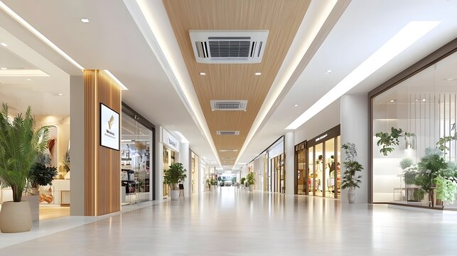 Ventilation and air conditioning system integrated into the ceiling inside a contemporary well lit shopping mall corridor